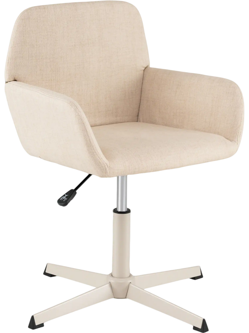 Beige ergonomic vanity chair with back, 360° swivel, adjustable height, and stable metal base for home office use.