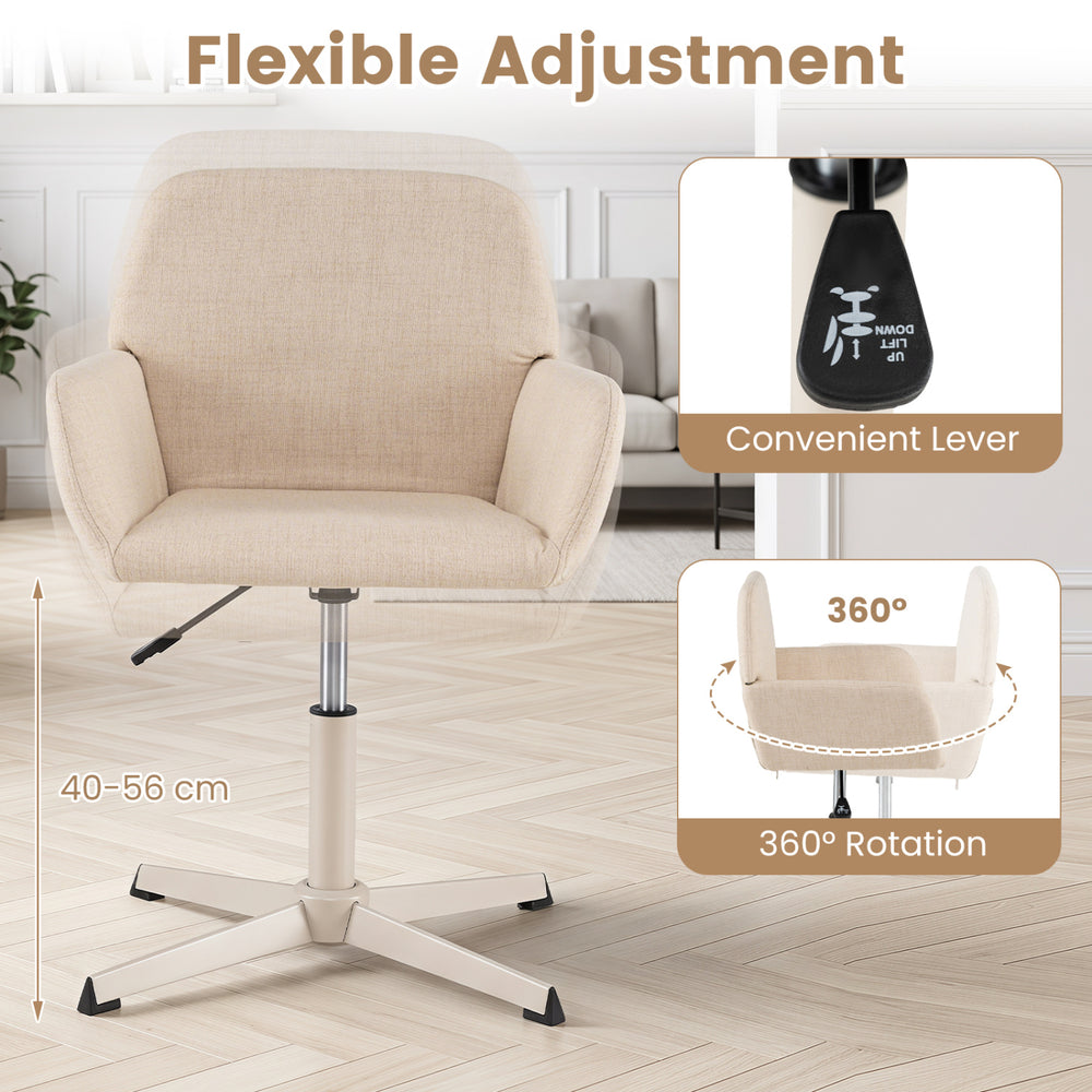 Beige vanity chair with back features 360° swivel, adjustable height, and ergonomic design for home office comfort.