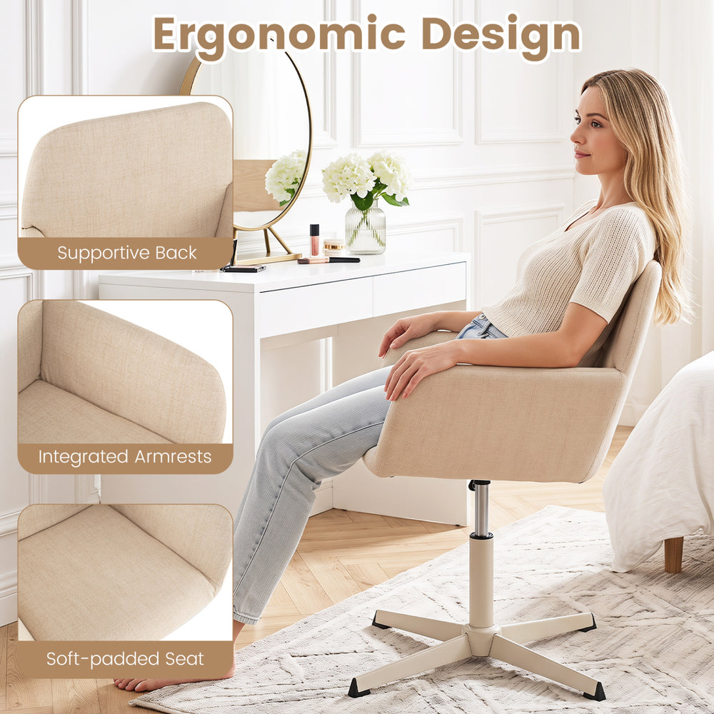 Beige ergonomic vanity chair with supportive back, integrated armrests, and adjustable height for versatile home office use.