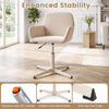 Beige vanity chair with back features a 360° swivel, adjustable height, and stable cross metal base for home office use.