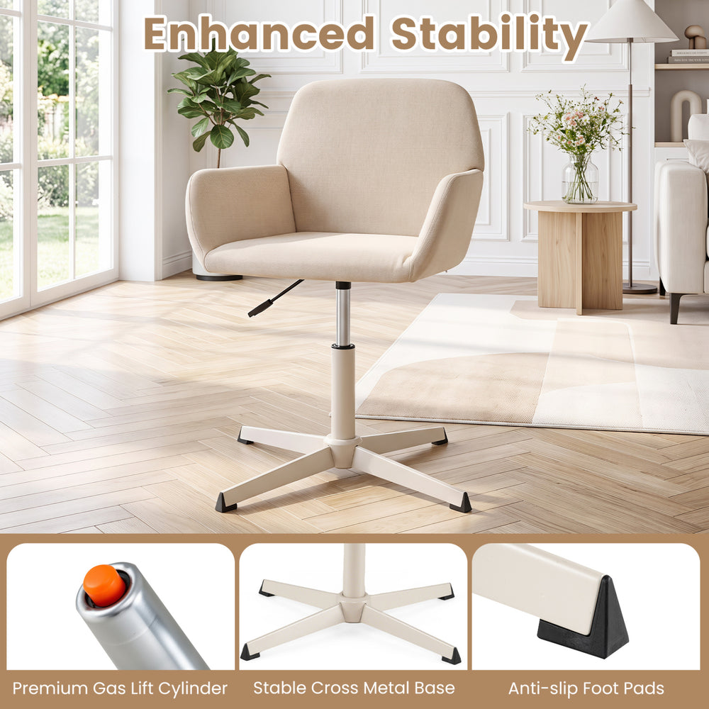Beige vanity chair with back features a 360° swivel, adjustable height, and stable cross metal base for home office use.