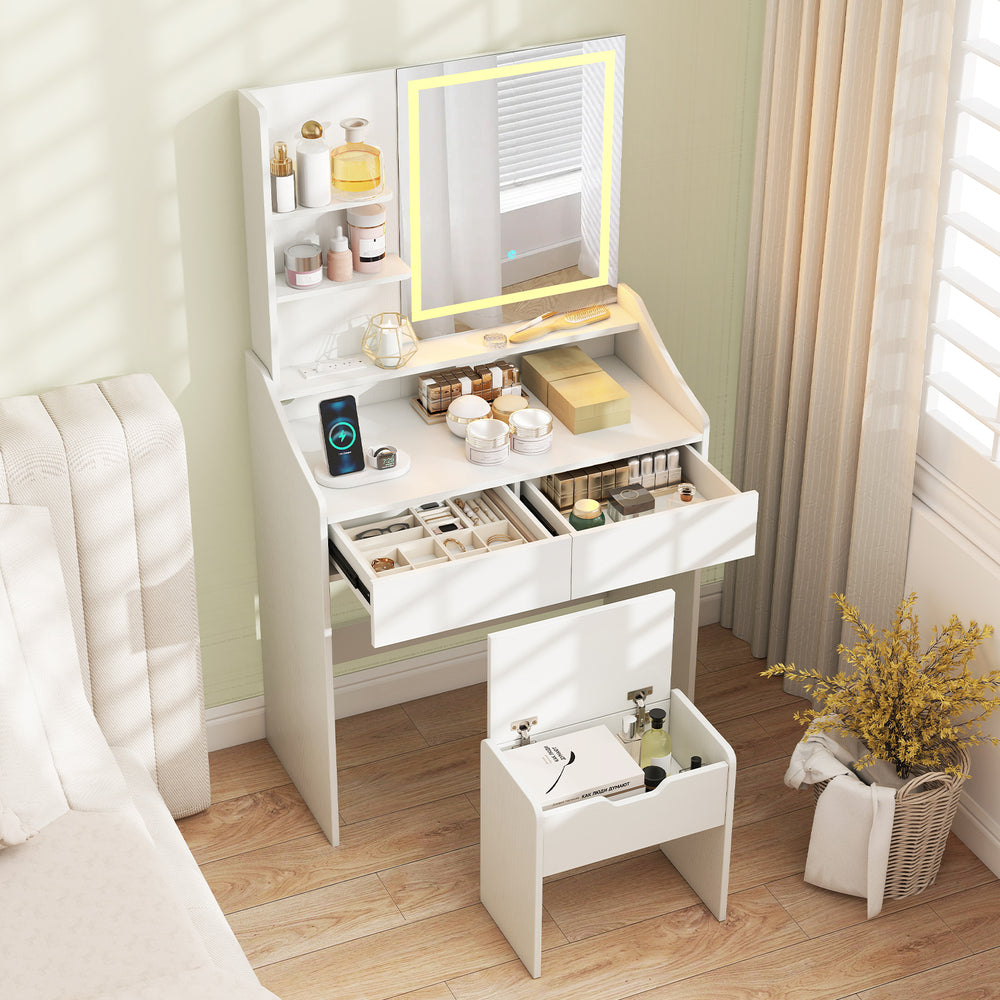 White LED lighted vanity desk with adjustable brightness, drawers, and a matching stool for stylish makeup organization.