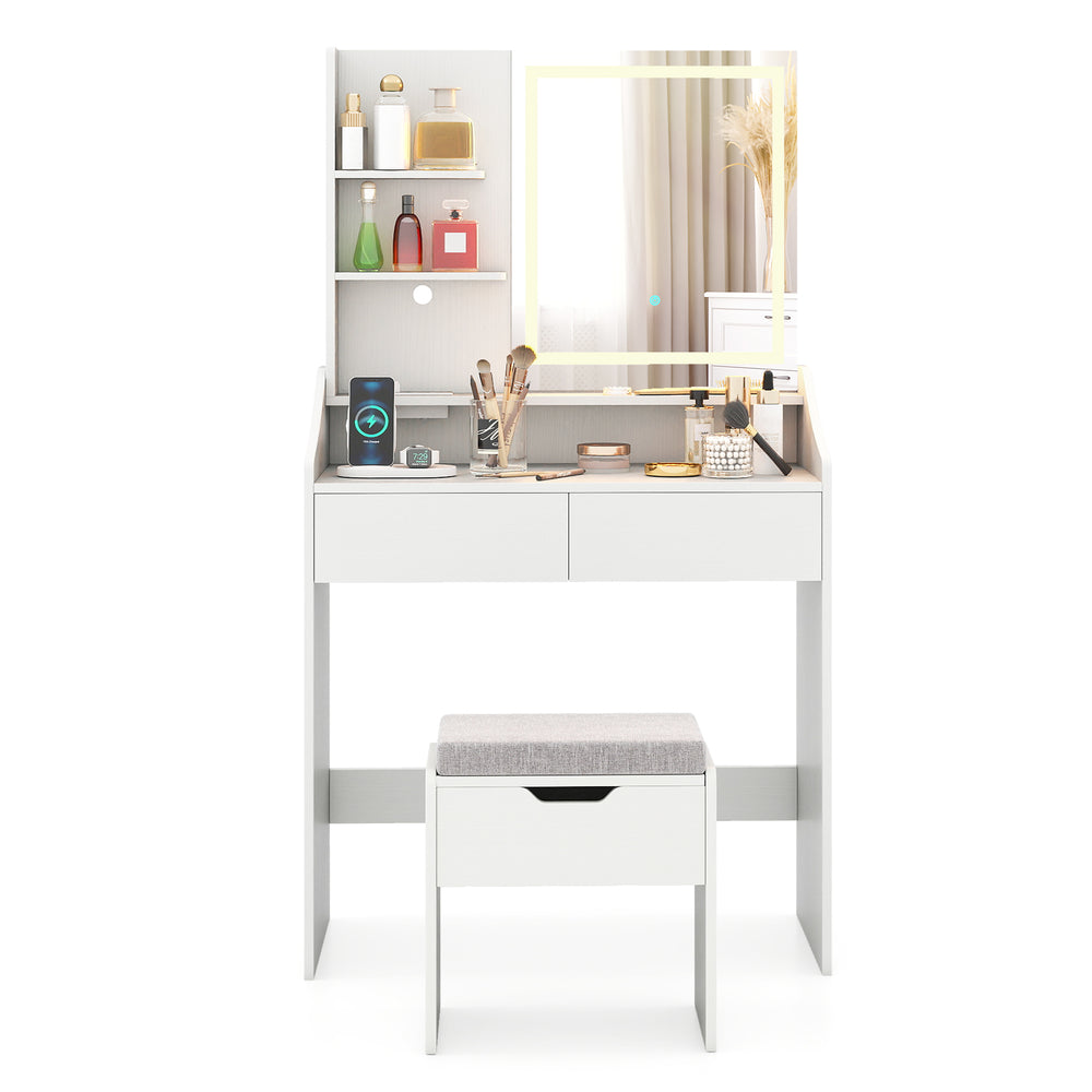 Vanity desk with LED light, three color modes, and storage drawers, perfect for makeup application and organization.
