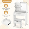 Vanity desk with LED light, three color modes, and matching stool, featuring storage drawers and a sleek white design.