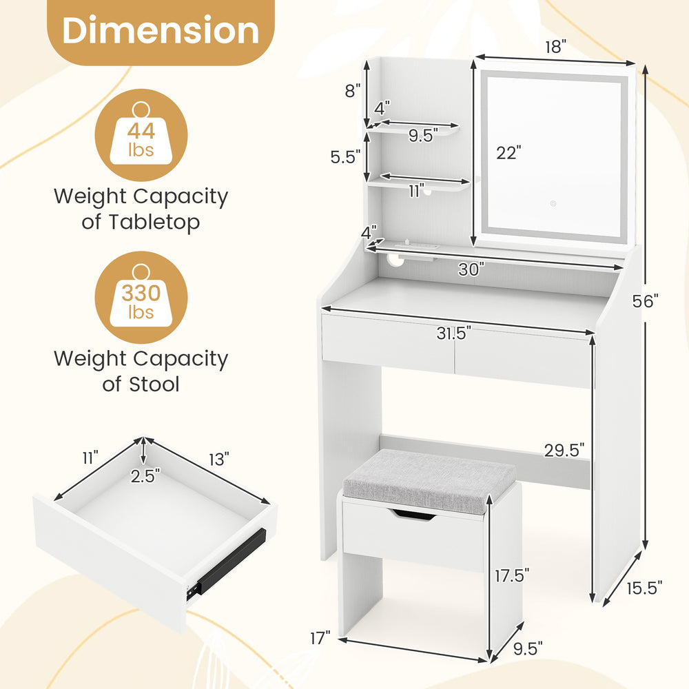 Vanity desk with LED light, three color modes, and matching stool, featuring storage drawers and a sleek white design.