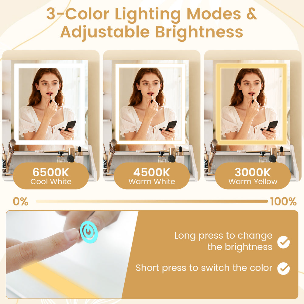 Vanity desk LED lighted makeup table showcasing 3 color modes and adjustable brightness for versatile lighting options.