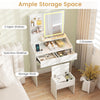 Vanity desk with LED light, 3-color modes, 2 drawers, and 3 open shelves for organized makeup storage.