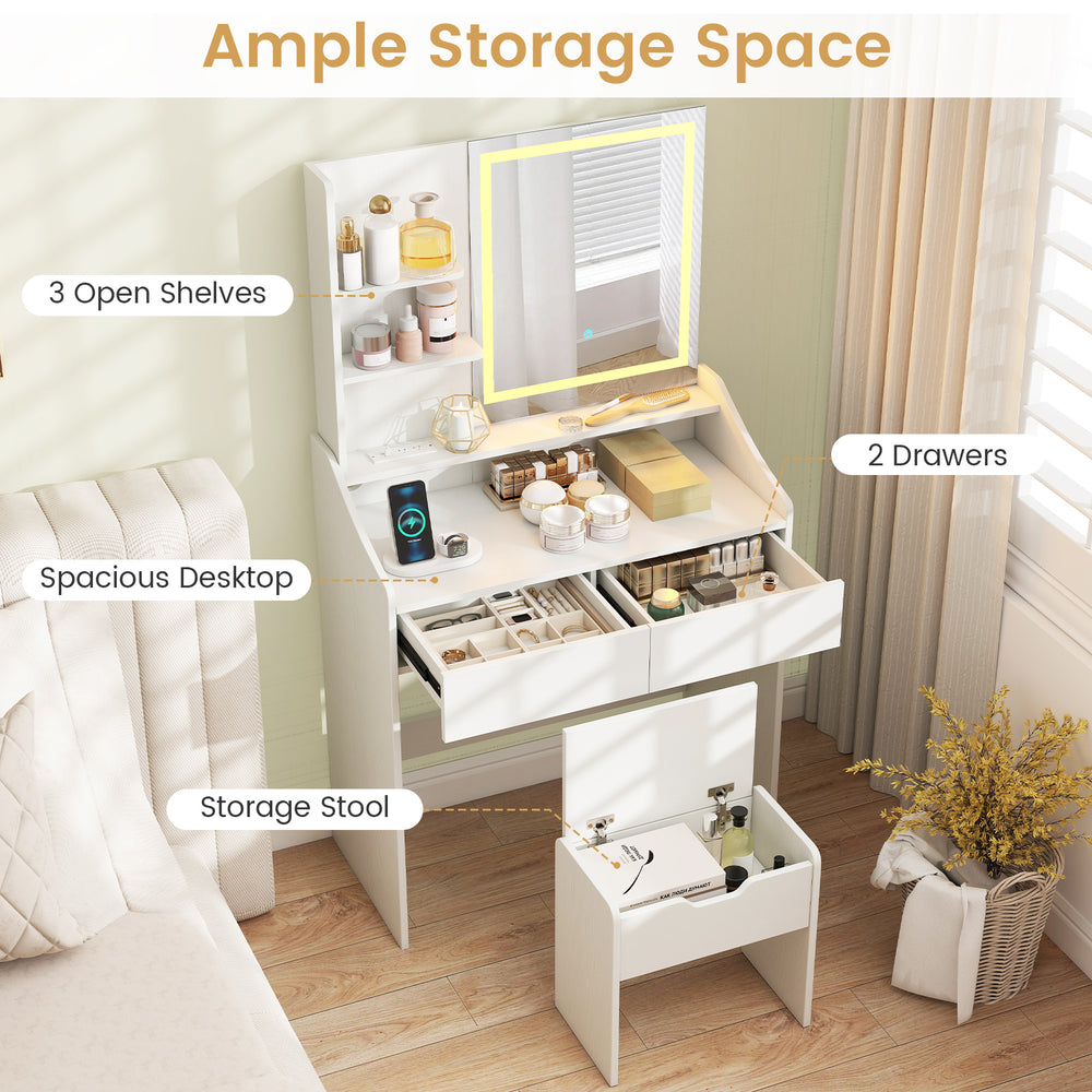 Vanity desk with LED light, 3-color modes, 2 drawers, and 3 open shelves for organized makeup storage.