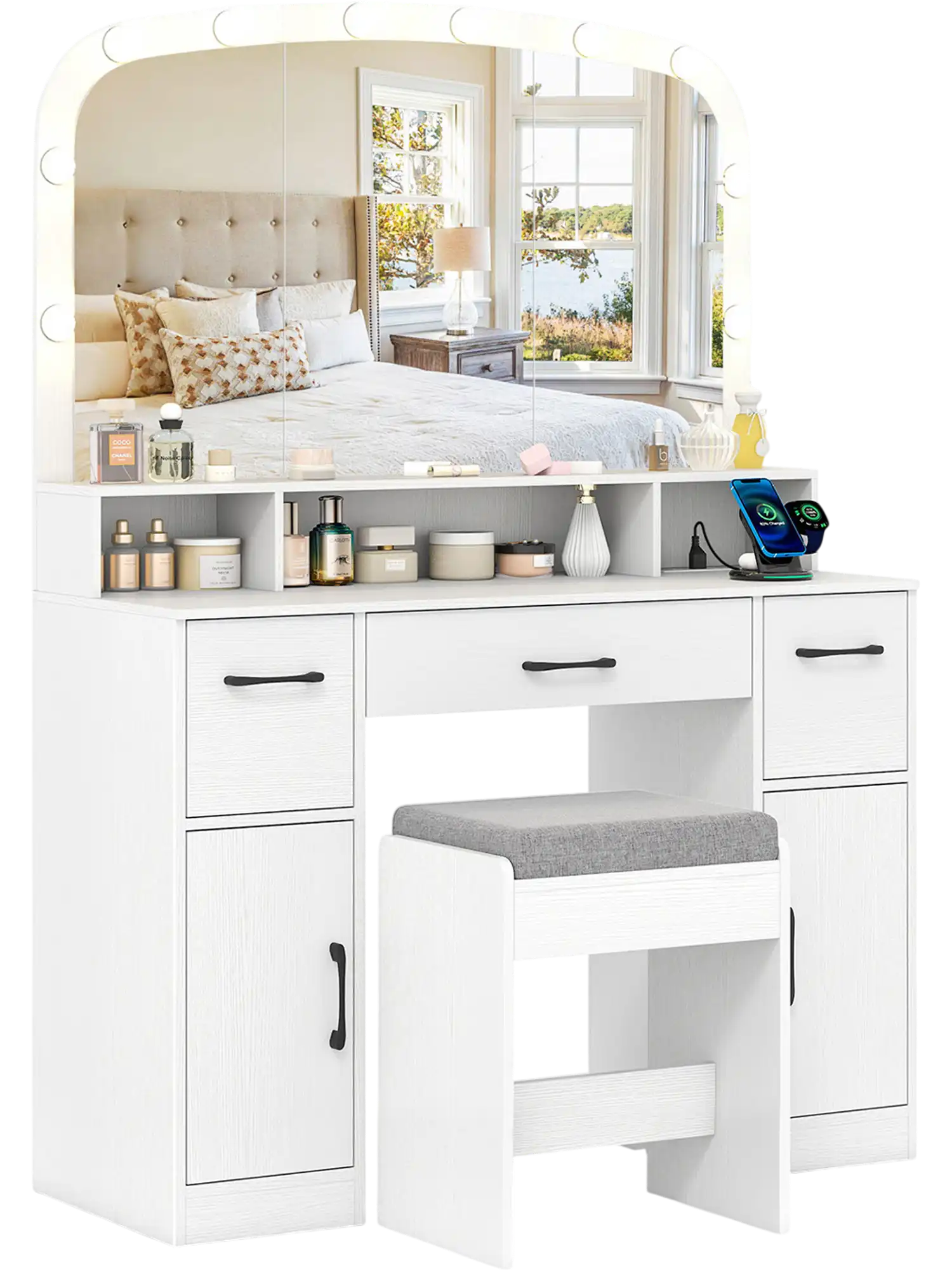 Costway Vanity Desk Makeup Table w/ Stool 3-Color LED Lights Charging Station 16526088 New