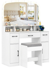 Vanity desk makeup table in white with 10 LED bulbs, 3-color lights, and a padded stool for comfortable grooming.