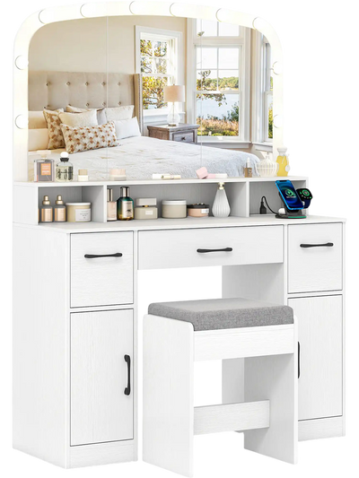 Costway Vanity Desk Makeup Table w/ Stool 3-Color LED Lights Charging Station 16526088 New