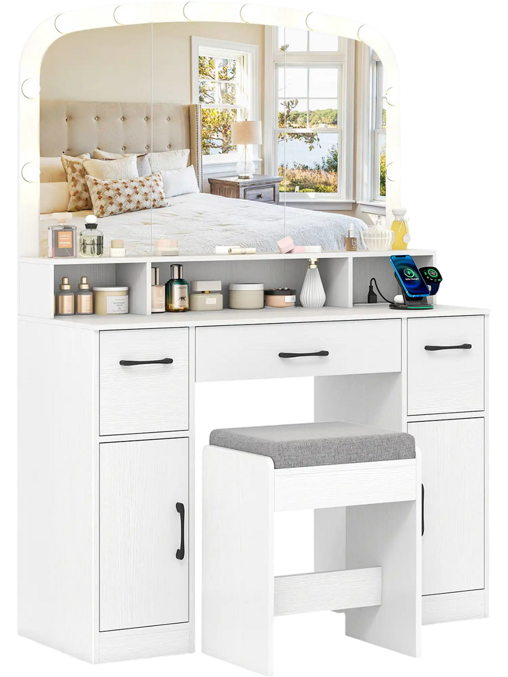 Vanity desk makeup table in white with 10 LED bulbs, 3-color lights, and a padded stool for comfortable grooming.