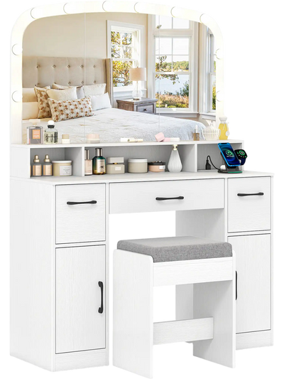 Costway Vanity Makeup Table Desk w/ Stool 3-Color LED Lights Charging Station 16526088 New