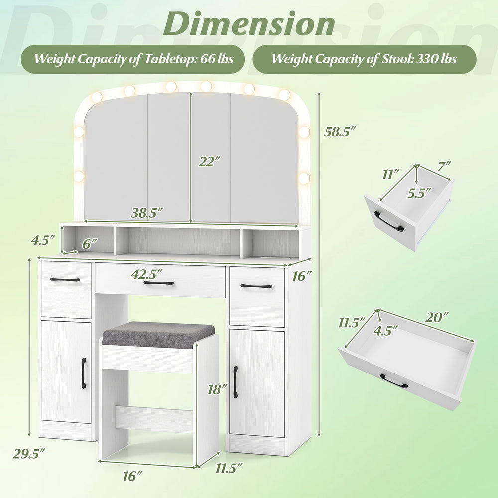 Vanity desk with curved mirror, 10 LED bulbs, and padded stool, featuring white finish and storage solutions for makeup.