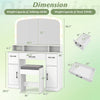 Vanity desk with curved mirror, 10 LED bulbs, and padded stool, featuring white finish and storage solutions for makeup.