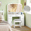 Vanity desk makeup table in white with stool, featuring 10 LED bulbs, 3 color temperatures, and built-in charging.