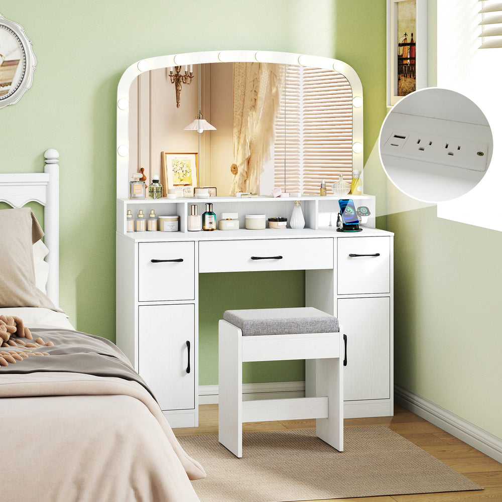 Vanity desk makeup table in white with stool, featuring 10 LED bulbs, 3 color temperatures, and built-in charging.