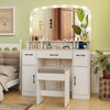 Vanity desk makeup table in white with stool, featuring 10 LED bulbs, 3 color lights, and built-in charging station.