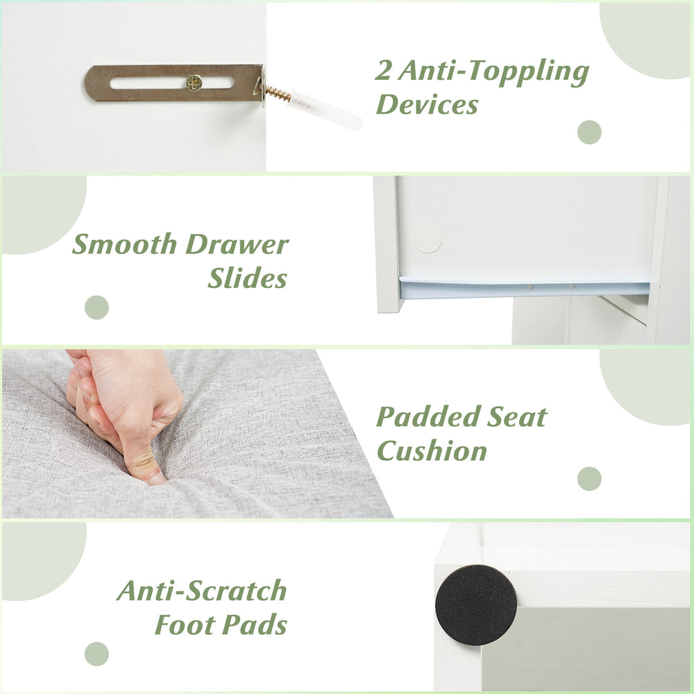 Padded seat cushion and anti-scratch foot pads of the white vanity desk makeup table with stool for comfortable use.