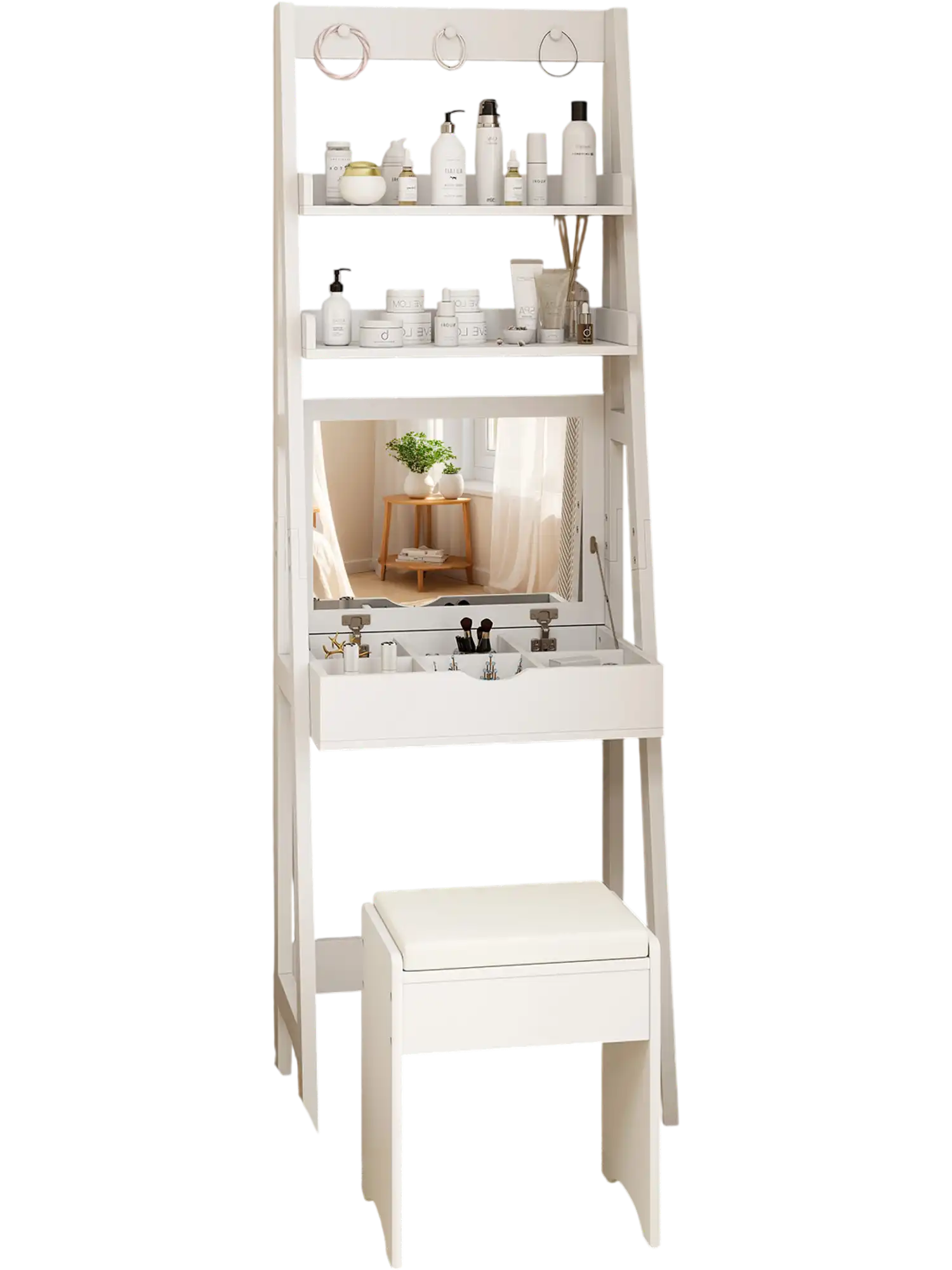 Costway Vanity Desk Set Flip Top Mirror Hidden Storage Cushioned Stool White 193786452 New