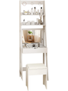 Vanity desk set in white with flip-top mirror, hidden storage, and cushioned stool, perfect for stylish bedroom.