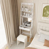Vanity desk set in white with flip-top mirror, hidden storage, and cushioned stool, perfect for bedroom organization.