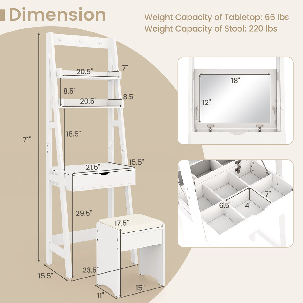 Vanity desk set with flip-top mirror, hidden storage, and cushioned stool in white, perfect for space-saving.