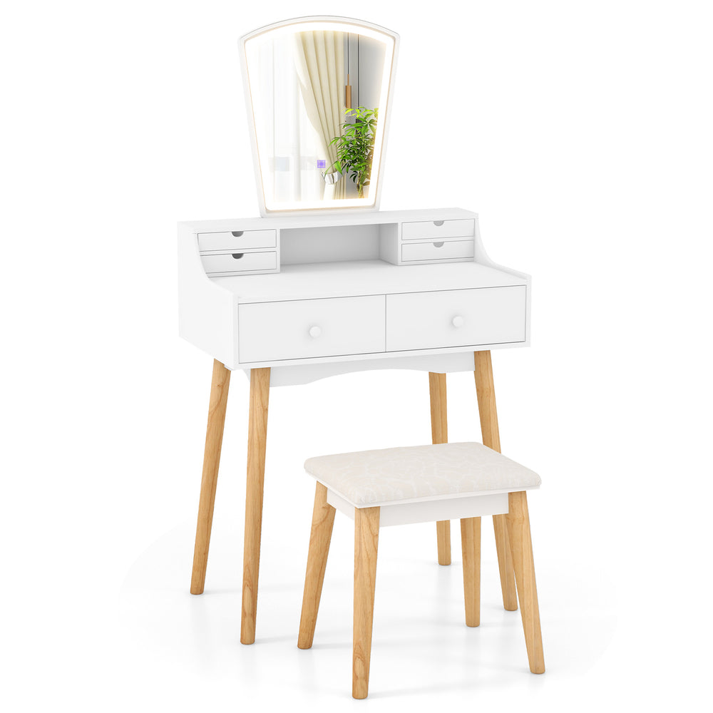 Vanity desk set in white with 3-color LED mirror, 6 drawers, and padded stool for stylish makeup application.