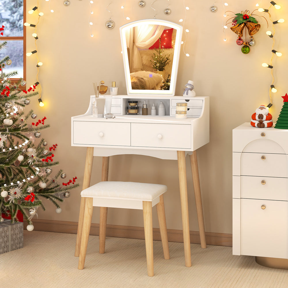 White vanity desk with large drawers and adjustable LED mirror, paired with a padded stool for a chic makeup setup.