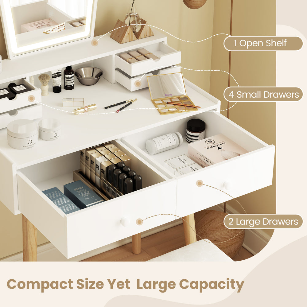 Vanity desk set in white featuring an open shelf and six drawers, perfect for makeup organization and storage.