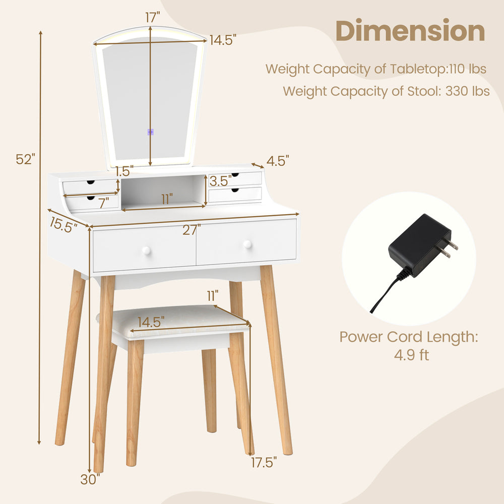 Vanity desk set in white with adjustable LED mirror, six drawers, and a padded stool for versatile makeup needs.