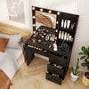Vanity desk in black with 3-color lights, open shelves, and drawers for organized beauty tools in a stylish setup.