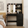 Vanity desk in black with 3-color lights, open shelves, and built-in power outlets for organized beauty routines.