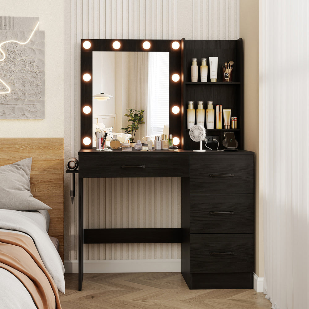 Vanity desk in black with 3-color lights, open shelves, and built-in power outlets for organized beauty routines.