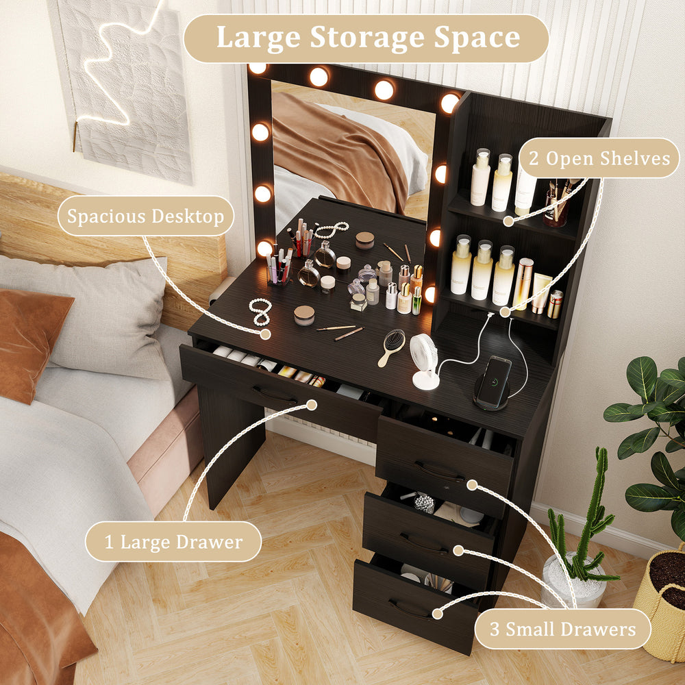 Vanity desk in black featuring 3-color lights, spacious desktop, open shelves, and multiple drawers for organized.