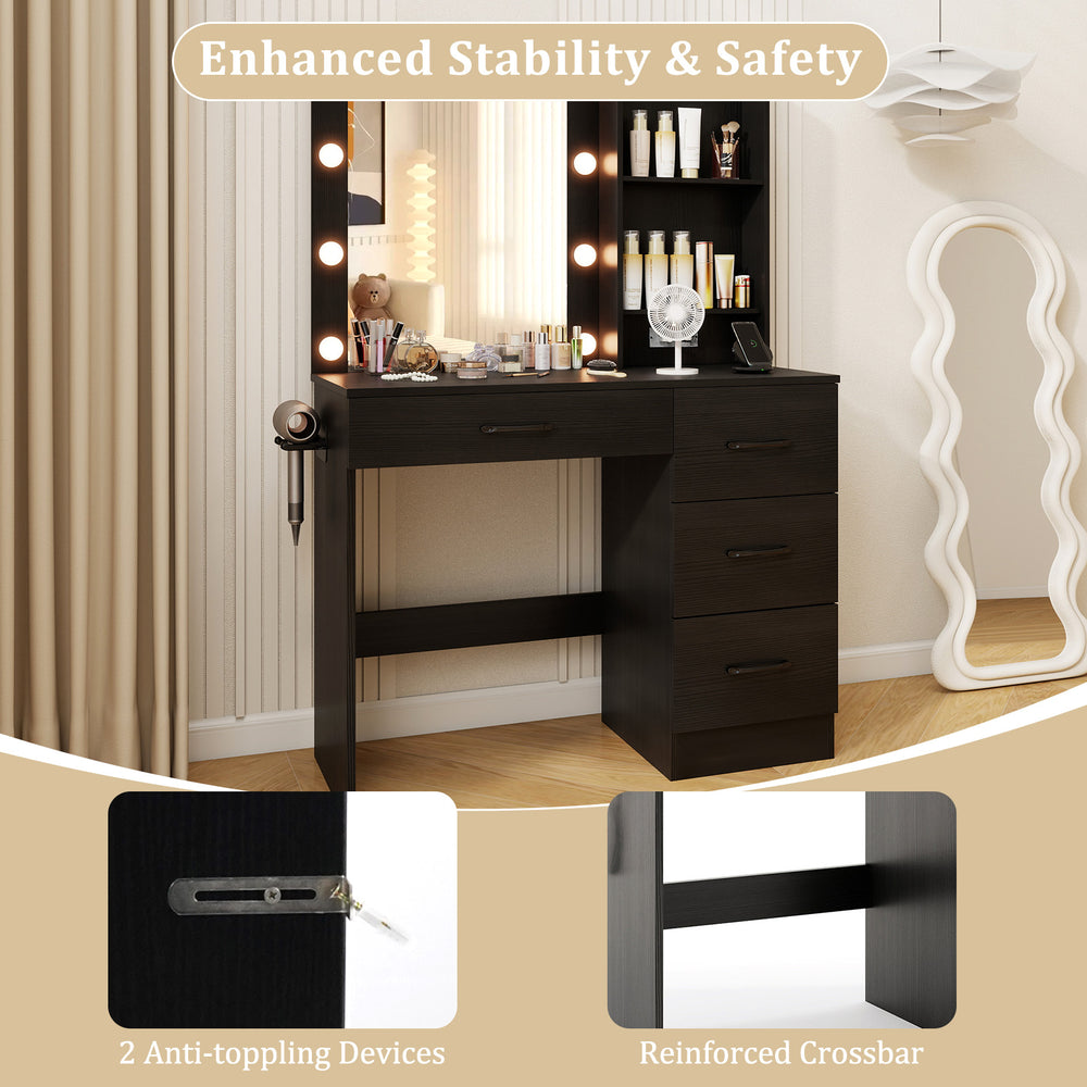 Vanity desk in black featuring 3-color lights, open shelves, and drawers for organized beauty tool storage.