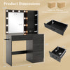 Vanity desk in black with 3-color lights, open shelves, and drawers, designed for beauty tools and organization.