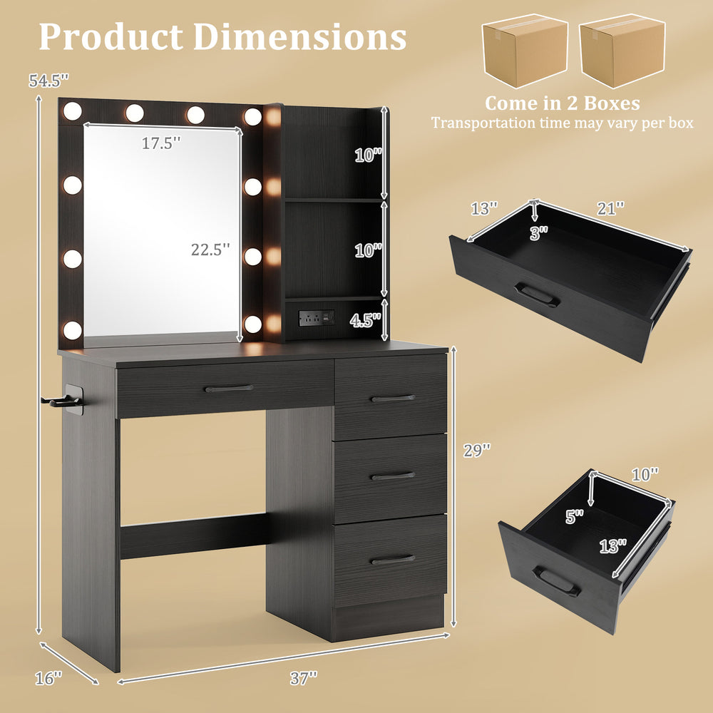 Vanity desk in black with 3-color lights, open shelves, and drawers, designed for beauty tools and organization.