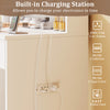 Vanity desk featuring a built-in charging station with 2 AC outlets and USB ports for convenient electronics charging.