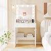 Vanity desk in white with a large mirror and bright lighting, perfect for makeup application and bedroom decor.