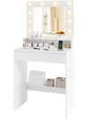 Vanity desk in white showcasing a spacious top with makeup essentials and an elegant mirror with adjustable lighting.
