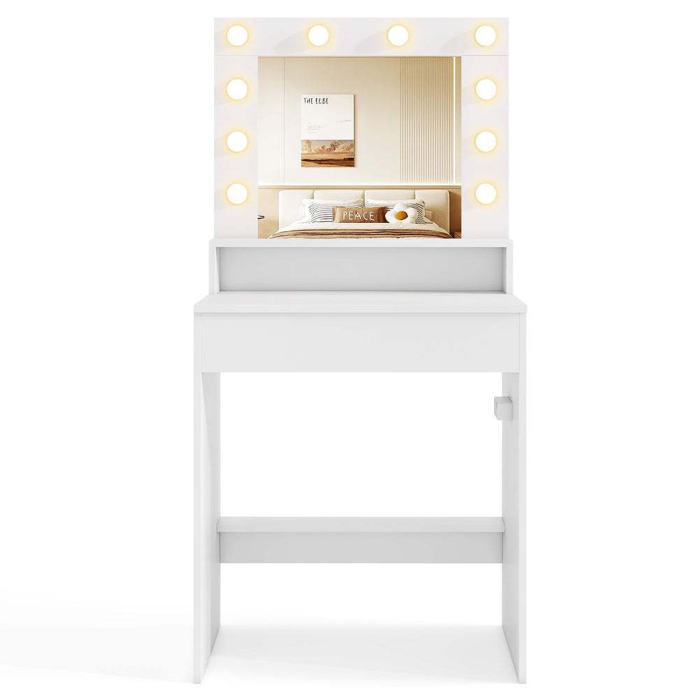 Vanity desk in white with adjustable brightness, 3 light modes, and ample storage for bedroom organization.