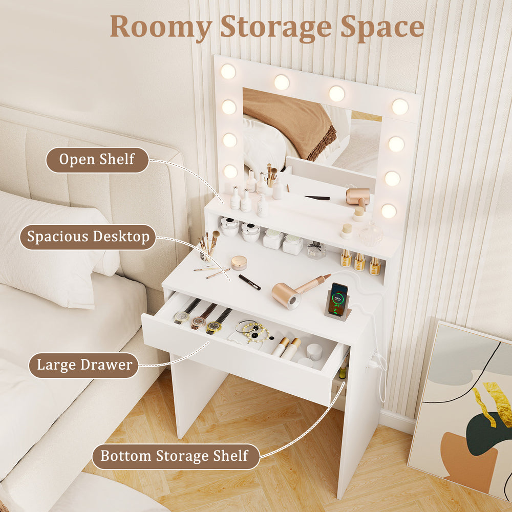 Vanity desk with adjustable brightness, large drawer, and open shelves for organized makeup storage in white.