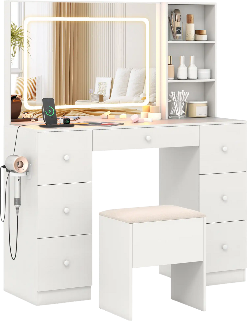 Vanity desk with lighted mirror, white finish, ample storage, and padded stool for stylish makeup application.