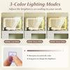 Vanity desk with lighted mirror showing 3-color lighting modes, ample storage, and a padded stool for makeup.