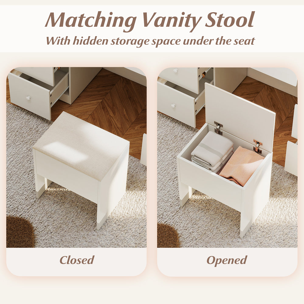 Vanity stool with padded seat, featuring hidden storage space for convenient organization under the seat.