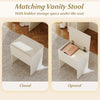 Vanity stool with padded seat and hidden storage, ideal for organizing makeup essentials under the seat.