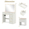 Vanity desk with lighted mirror, ample storage, and power outlets, designed for makeup application and convenience.