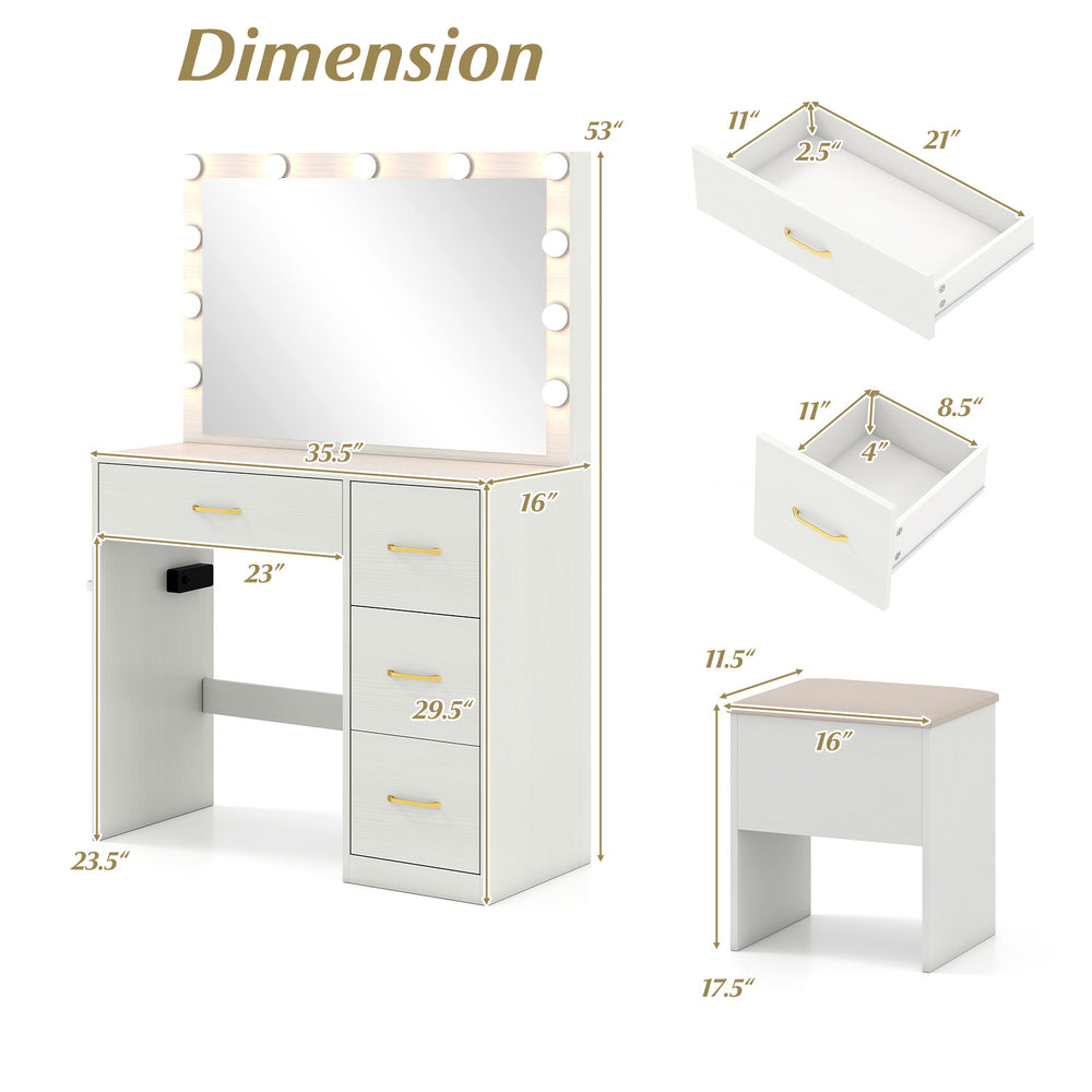 Vanity desk with lighted mirror, ample storage, and power outlets, designed for makeup application and convenience.
