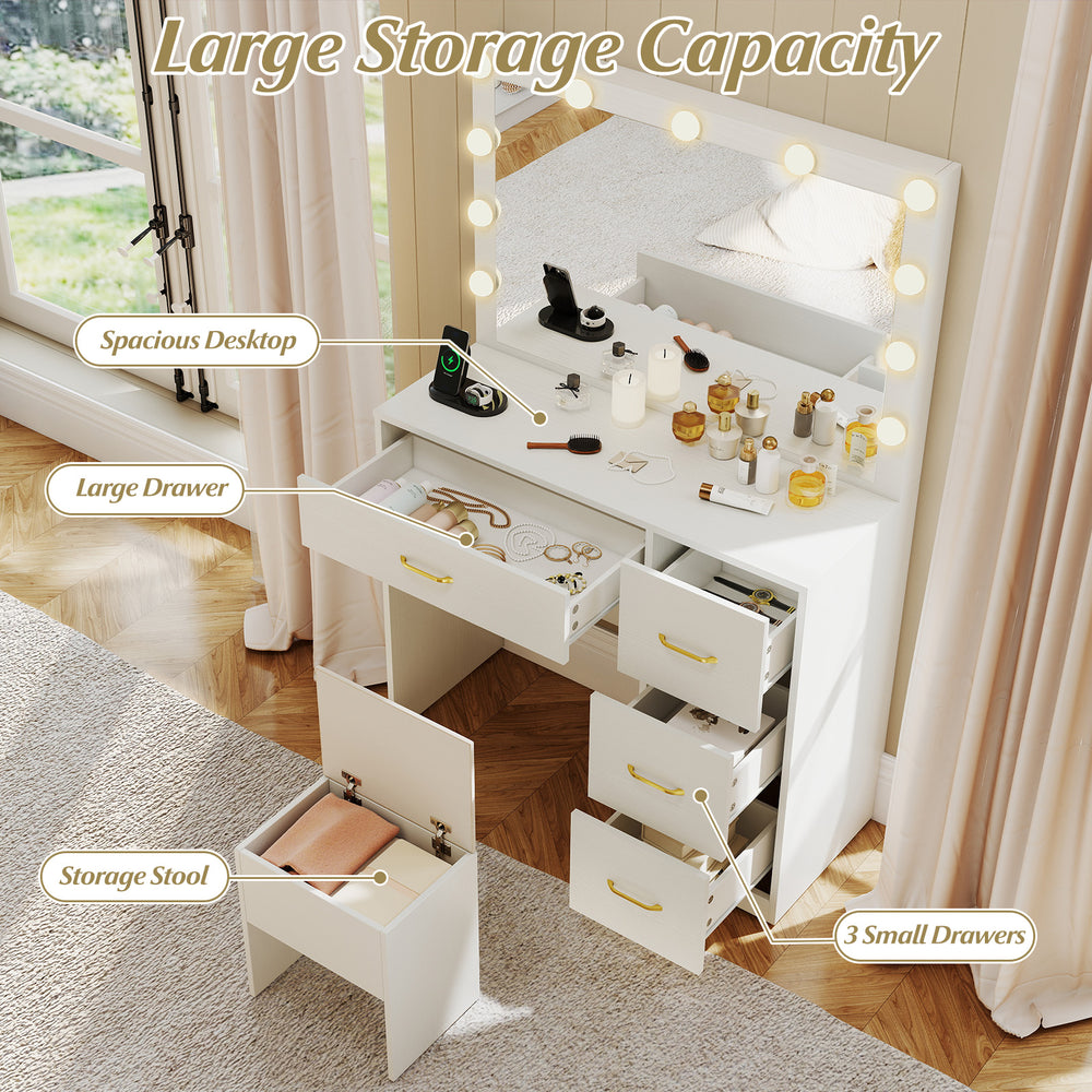 Vanity desk with mirror and lights featuring a spacious desktop, large drawer, and three small drawers for ample.